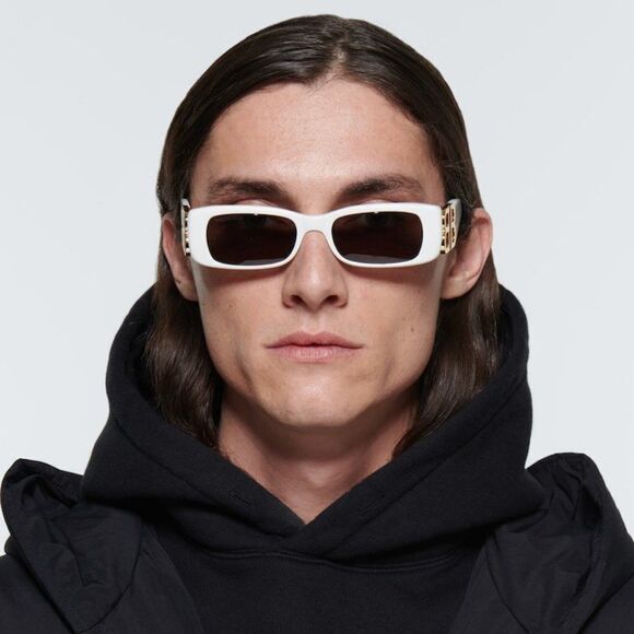 NEW Balenciaga  BB0096S 011 White Gold Logo Grey Square Unisex Sunglasses - Picture 1 of 13